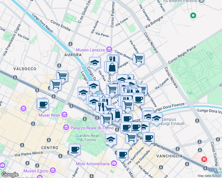 map of restaurants, bars, coffee shops, grocery stores, and more near 32 Via Pisa in Torino