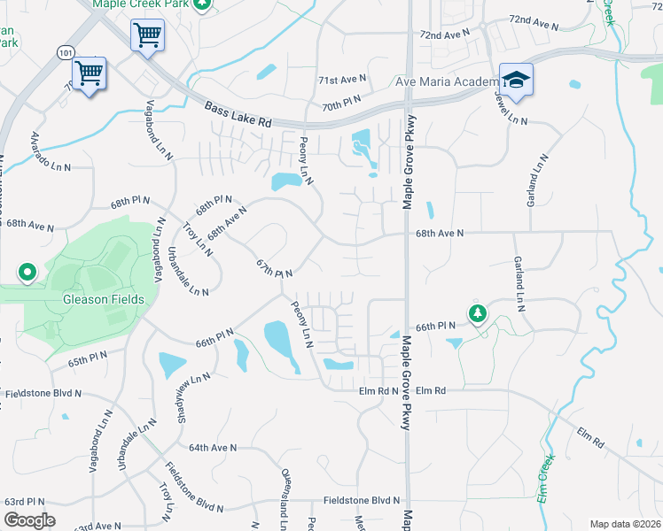 map of restaurants, bars, coffee shops, grocery stores, and more near 6717 Narcissus Lane North in Maple Grove