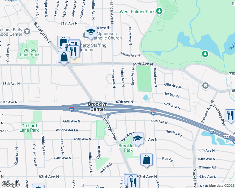 map of restaurants, bars, coffee shops, grocery stores, and more near 6742 France Avenue North in Minneapolis