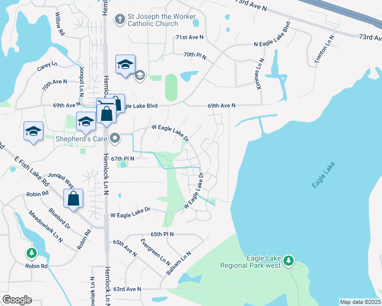 map of restaurants, bars, coffee shops, grocery stores, and more near 363 West Eagle Lake Drive in Maple Grove
