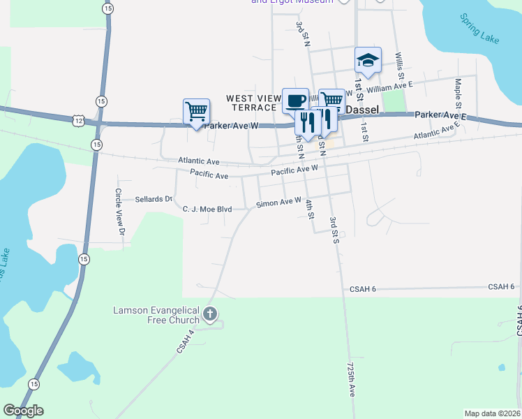 map of restaurants, bars, coffee shops, grocery stores, and more near 503 Simon Avenue West in Dassel
