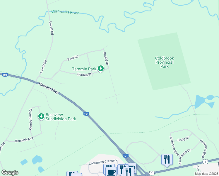map of restaurants, bars, coffee shops, grocery stores, and more near 1803 Gerald Drive in Coldbrook