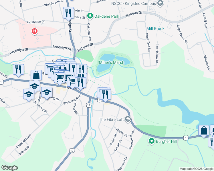 map of restaurants, bars, coffee shops, grocery stores, and more near 33 Klondyke Street in Kentville