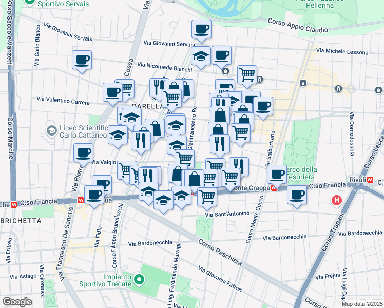 map of restaurants, bars, coffee shops, grocery stores, and more near 61 Via Giacinto Pacchiotti in Turin
