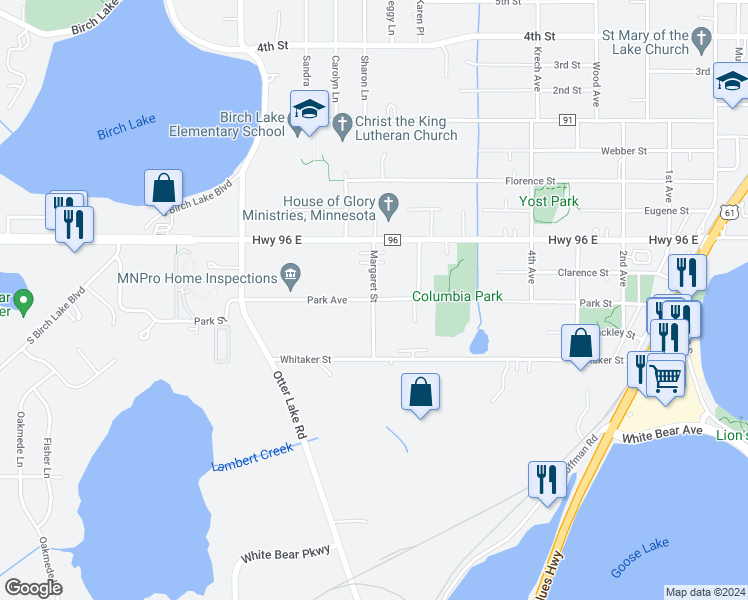 map of restaurants, bars, coffee shops, grocery stores, and more near 4502 Margaret Street in White Bear Lake