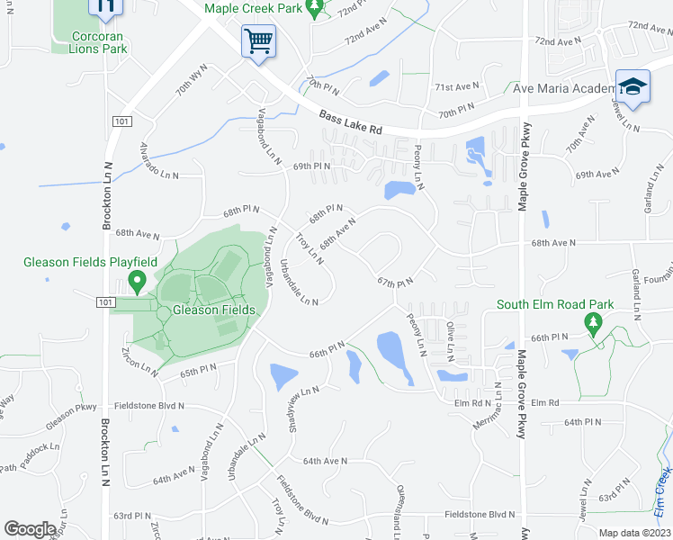 map of restaurants, bars, coffee shops, grocery stores, and more near 6758 Troy Lane North in Maple Grove