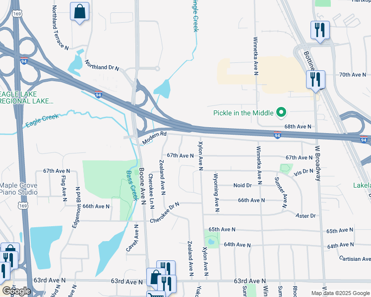 map of restaurants, bars, coffee shops, grocery stores, and more near 6717 Xylon Avenue North in Minneapolis