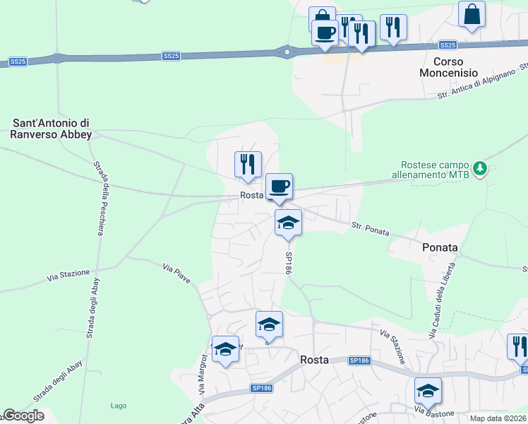 map of restaurants, bars, coffee shops, grocery stores, and more near 3BA Strada Antica di Buttigliera Alta in Rosta