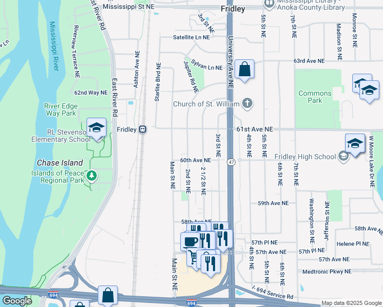 map of restaurants, bars, coffee shops, grocery stores, and more near 6035 2nd Street Northeast in Fridley
