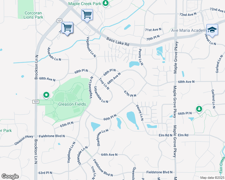 map of restaurants, bars, coffee shops, grocery stores, and more near 6788 Troy Lane North in Maple Grove