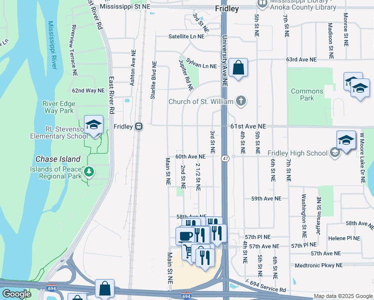 map of restaurants, bars, coffee shops, grocery stores, and more near 6035 2nd Street Northeast in Fridley