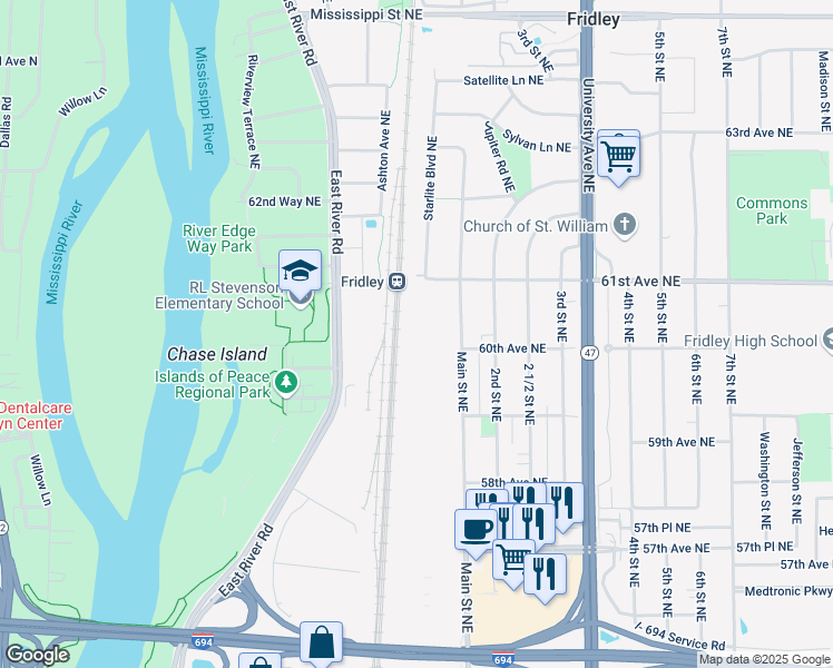 map of restaurants, bars, coffee shops, grocery stores, and more near 6050 Main St NE in Fridley