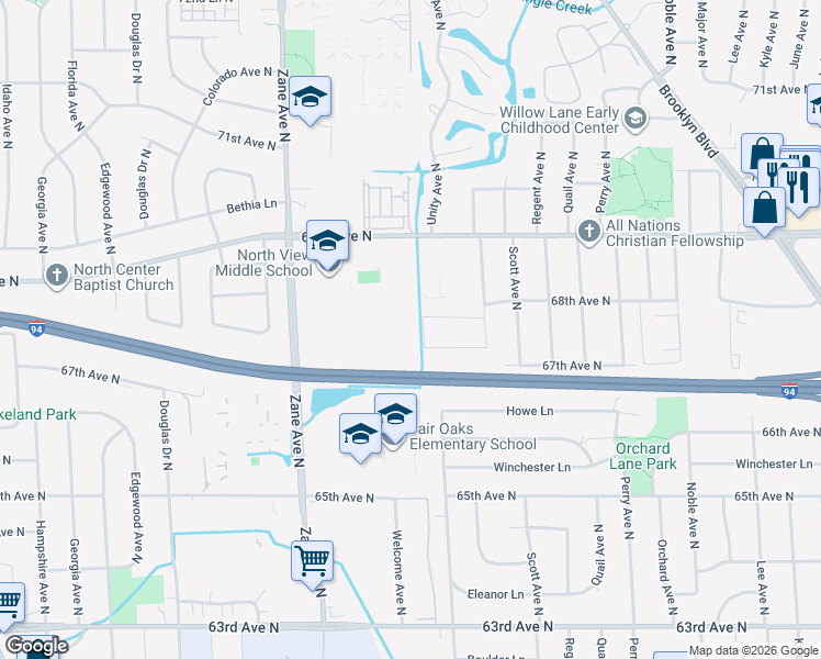 map of restaurants, bars, coffee shops, grocery stores, and more near 5418 68th Avenue North in Minneapolis