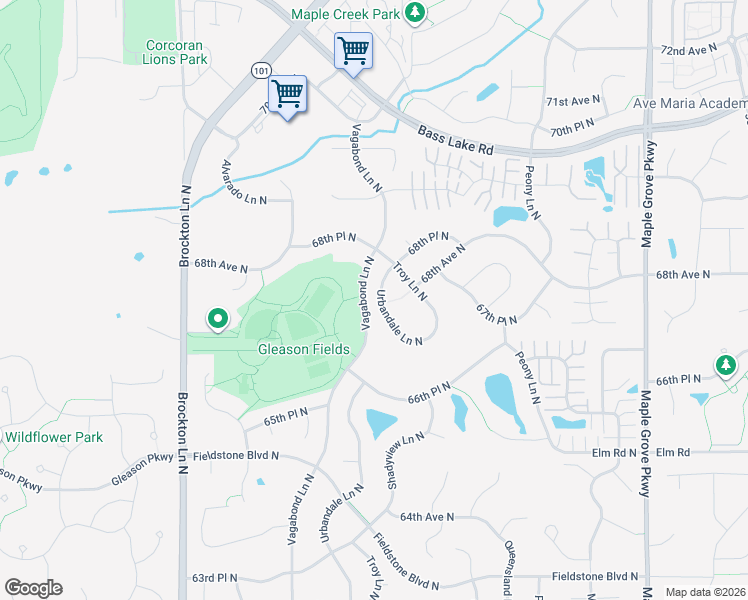 map of restaurants, bars, coffee shops, grocery stores, and more near 6773 Urbandale Lane North in Maple Grove
