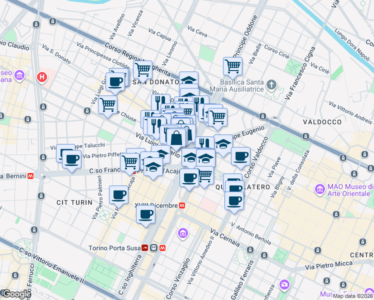 map of restaurants, bars, coffee shops, grocery stores, and more near 5 Via San Donato in Torino