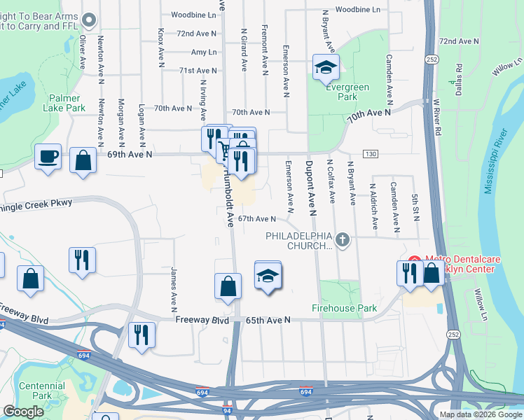 map of restaurants, bars, coffee shops, grocery stores, and more near 1343 67th Lane North in Brooklyn Center