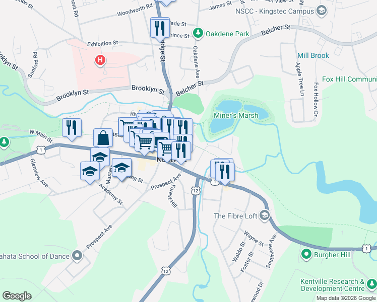 map of restaurants, bars, coffee shops, grocery stores, and more near 25 Webster Court in Kentville