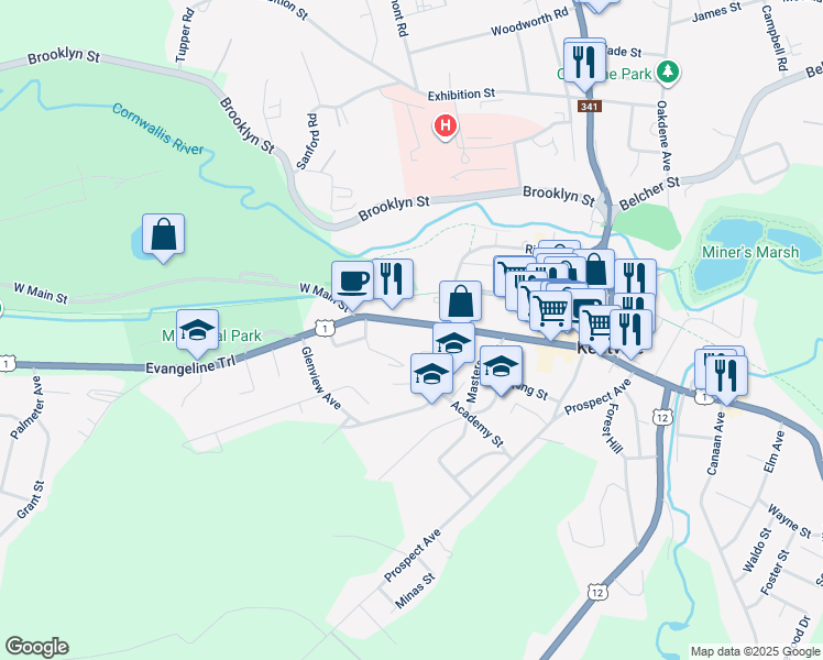 map of restaurants, bars, coffee shops, grocery stores, and more near 518 Main Street in Kentville