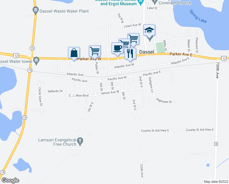 map of restaurants, bars, coffee shops, grocery stores, and more near 415 Simons Avenue West in Dassel