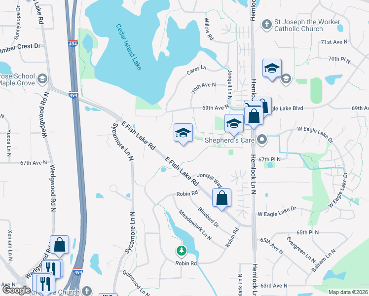 map of restaurants, bars, coffee shops, grocery stores, and more near 6710 East Fish Lake Road in Maple Grove