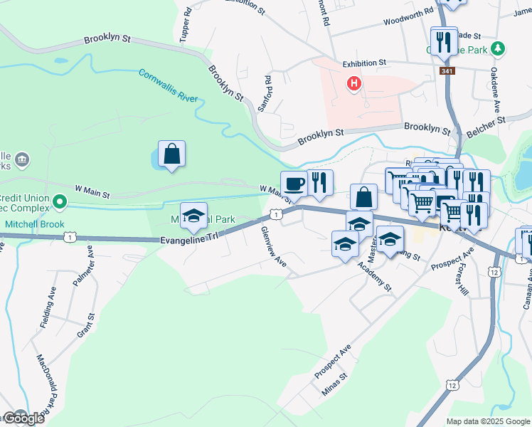 map of restaurants, bars, coffee shops, grocery stores, and more near 37 Park Street in Kentville