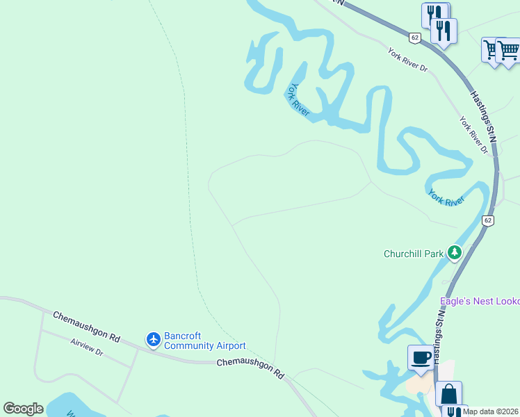 map of restaurants, bars, coffee shops, grocery stores, and more near Hastings Heritage Trail in Bancroft