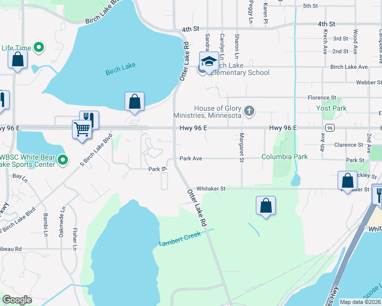 map of restaurants, bars, coffee shops, grocery stores, and more near 1573 Park Street in White Bear Lake