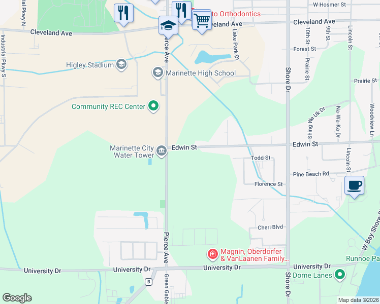 map of restaurants, bars, coffee shops, grocery stores, and more near 1610 Edwin Street in Marinette