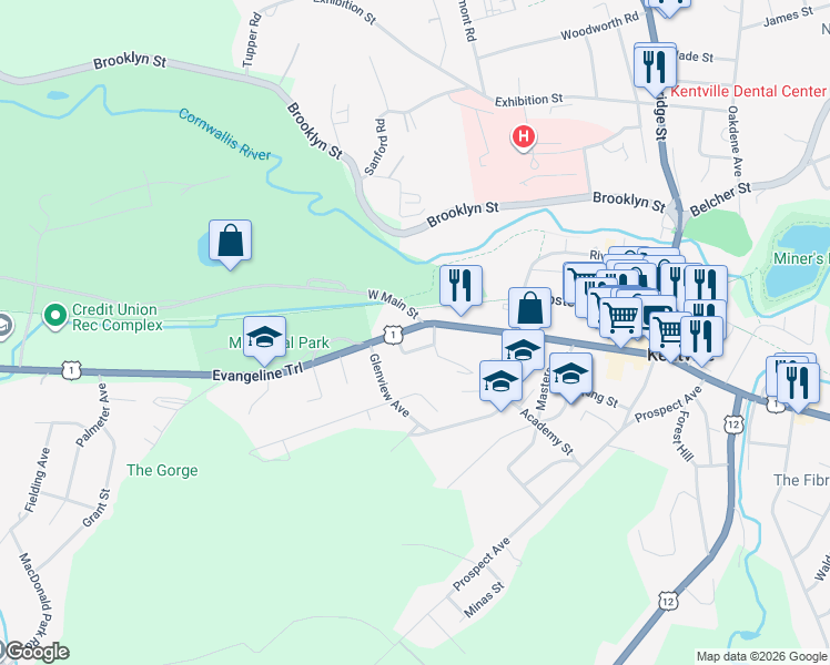 map of restaurants, bars, coffee shops, grocery stores, and more near 12 Park Street in Kentville