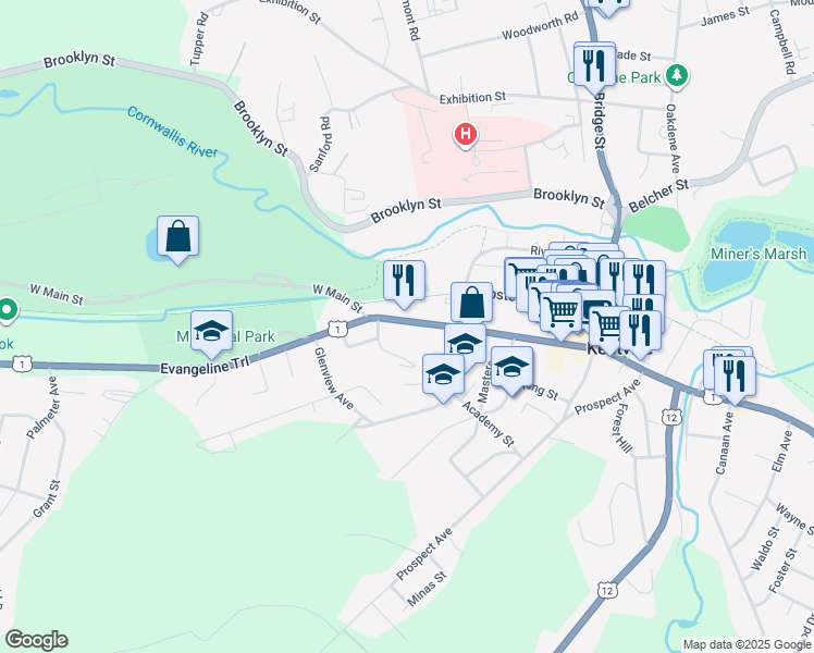 map of restaurants, bars, coffee shops, grocery stores, and more near 528 Main Street in Kentville