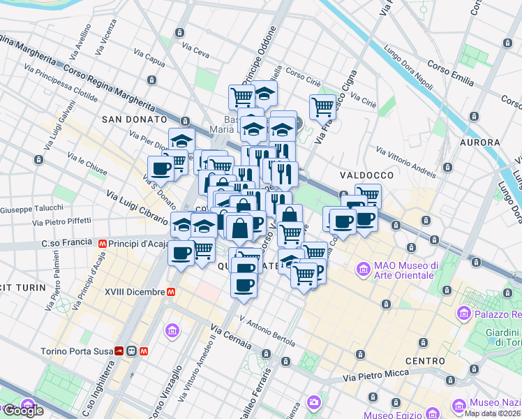map of restaurants, bars, coffee shops, grocery stores, and more near 50 Via Santa Chiara in Turin