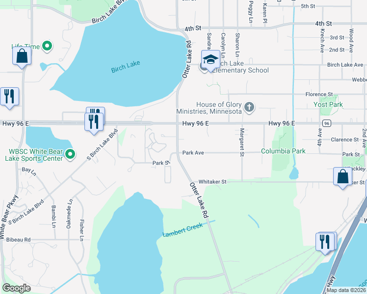 map of restaurants, bars, coffee shops, grocery stores, and more near 1573 Park Street in White Bear Lake