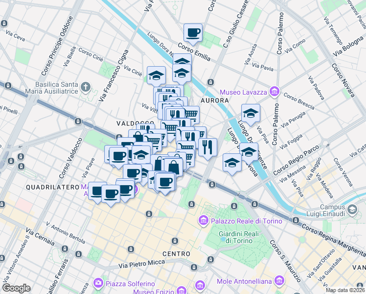 map of restaurants, bars, coffee shops, grocery stores, and more near 22 Piazza della Repubblica in Torino