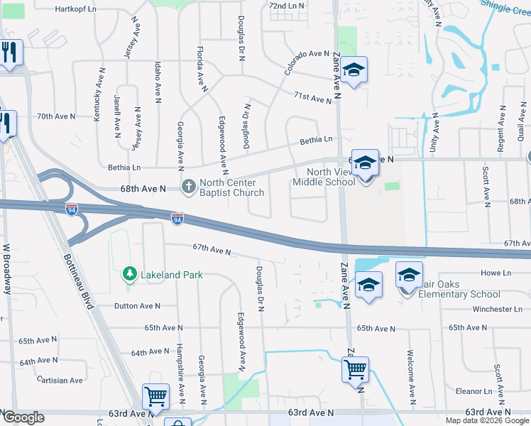 map of restaurants, bars, coffee shops, grocery stores, and more near 6716 Colorado Avenue North in Minneapolis