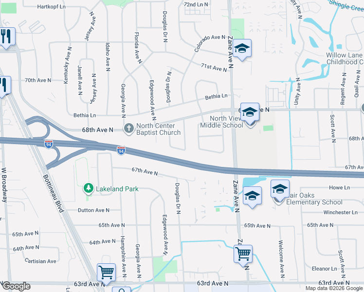 map of restaurants, bars, coffee shops, grocery stores, and more near 6716 Colorado Avenue North in Minneapolis