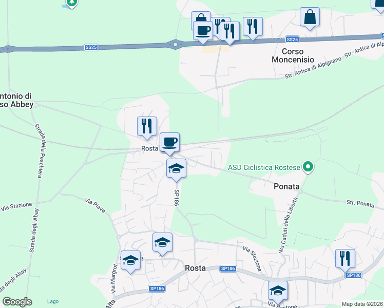 map of restaurants, bars, coffee shops, grocery stores, and more near 7 Strada Ponata in Rosta