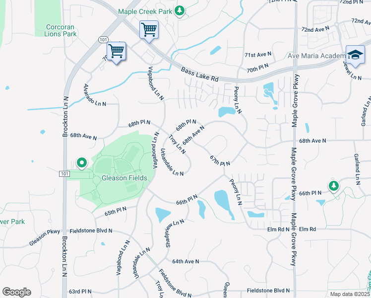 map of restaurants, bars, coffee shops, grocery stores, and more near 6788 Troy Lane North in Maple Grove