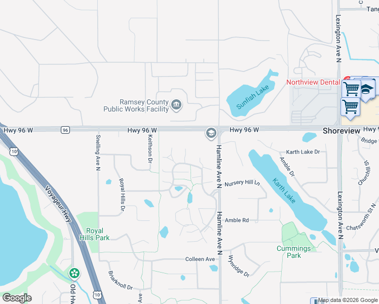 map of restaurants, bars, coffee shops, grocery stores, and more near 1391 Arden View Drive in Arden Hills