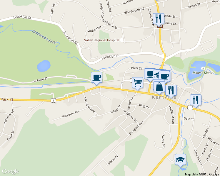 map of restaurants, bars, coffee shops, grocery stores, and more near 525 Main Street in Kentville