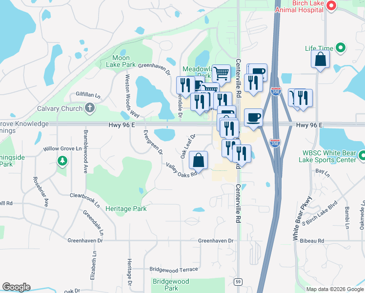 map of restaurants, bars, coffee shops, grocery stores, and more near 4513 Oak Leaf Drive in Vadnais Heights
