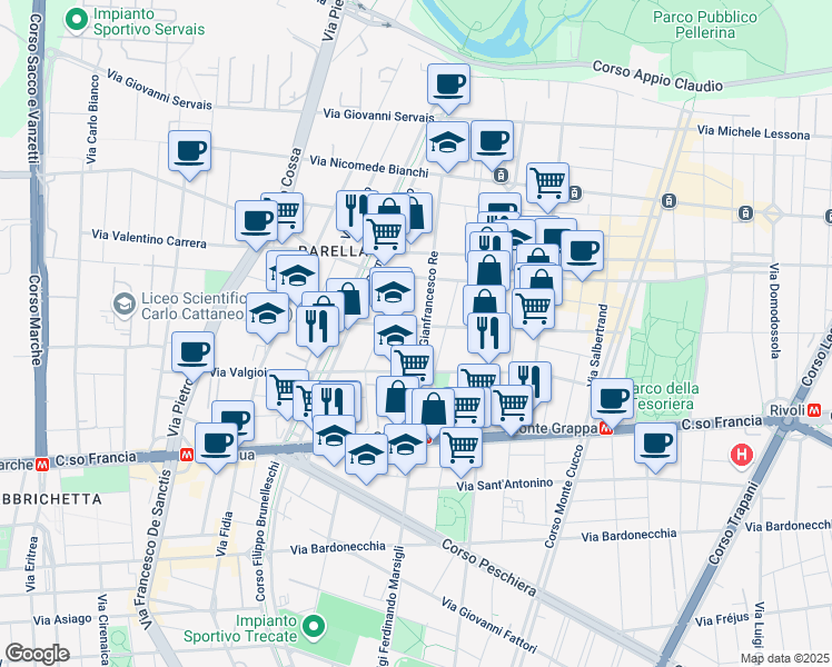 map of restaurants, bars, coffee shops, grocery stores, and more near 61 Via Giacinto Pacchiotti in Torino