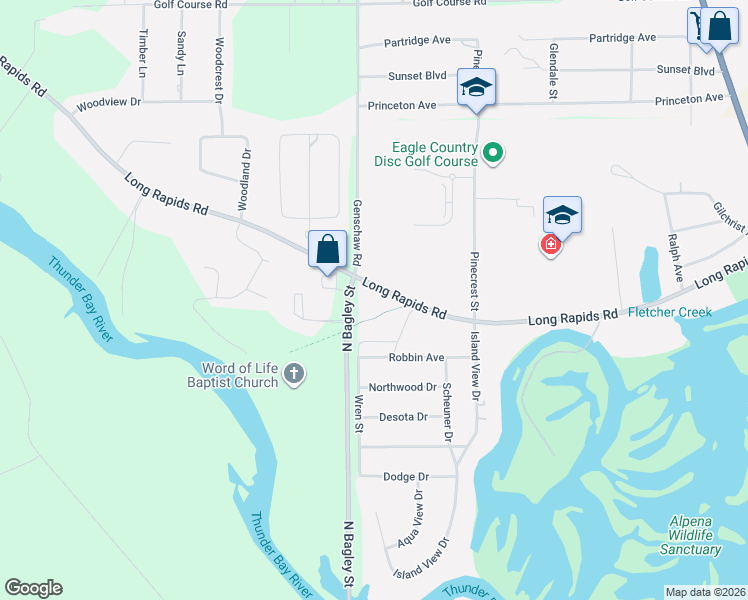 map of restaurants, bars, coffee shops, grocery stores, and more near Alpena Bi-Path in Alpena
