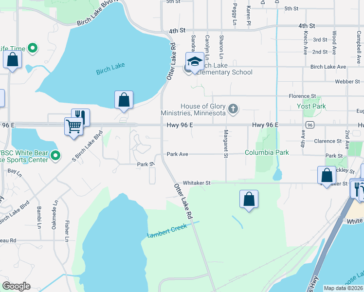 map of restaurants, bars, coffee shops, grocery stores, and more near 1573 Park Street in White Bear Lake