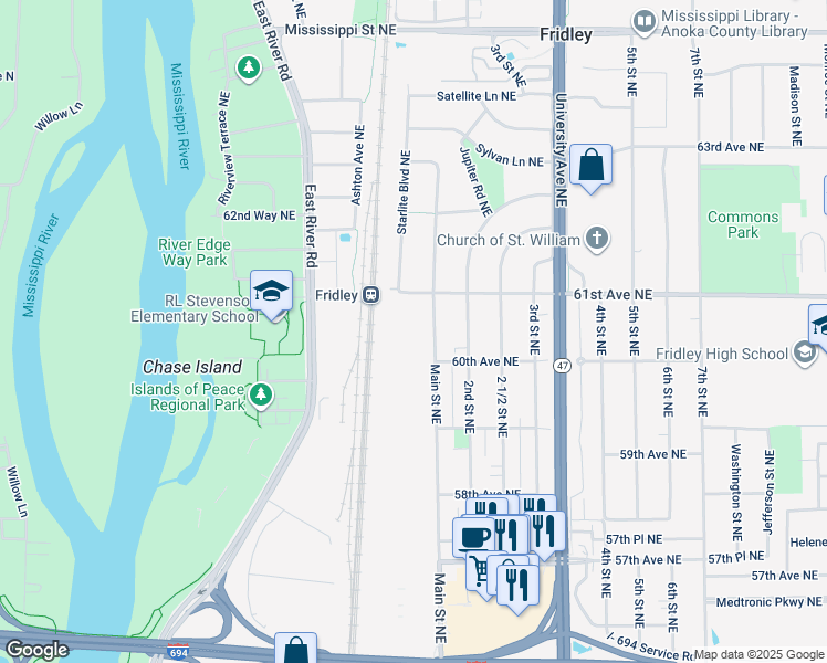 map of restaurants, bars, coffee shops, grocery stores, and more near 6050 Main Street Northeast in Fridley