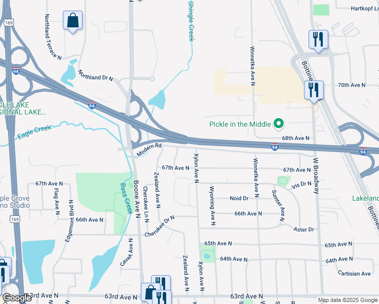 map of restaurants, bars, coffee shops, grocery stores, and more near 6717 Xylon Avenue North in Minneapolis