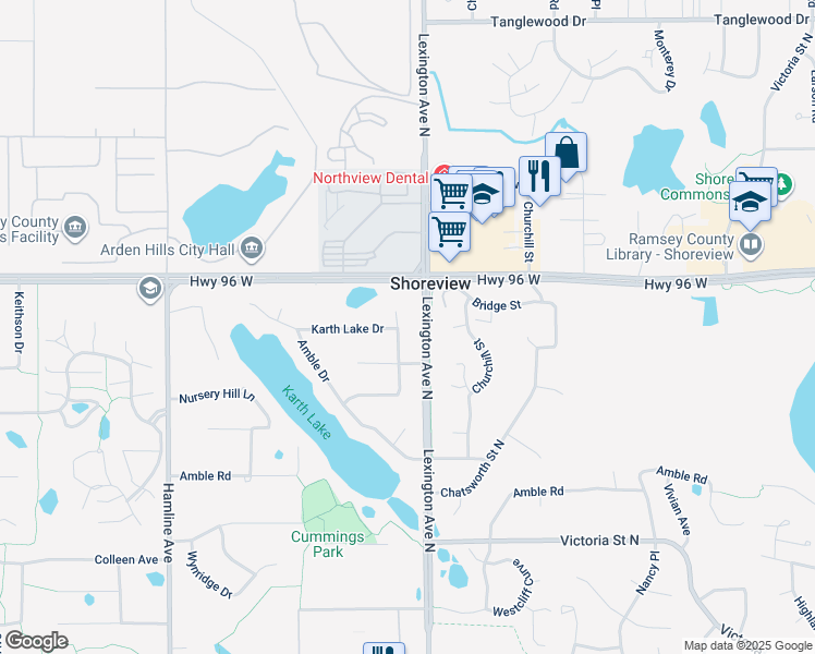 map of restaurants, bars, coffee shops, grocery stores, and more near 4526 Pleasant Drive in Arden Hills