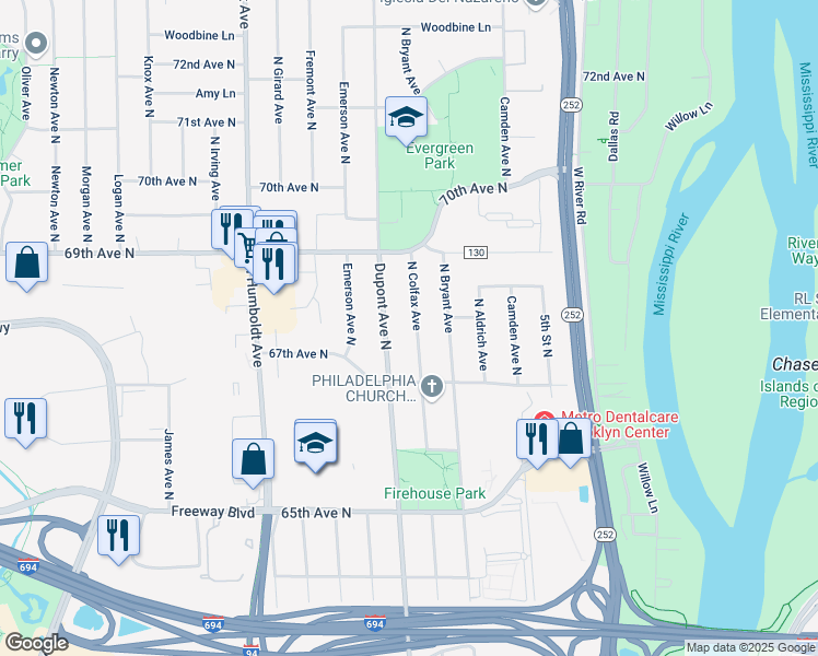 map of restaurants, bars, coffee shops, grocery stores, and more near 6737 North Colfax Avenue in Minneapolis