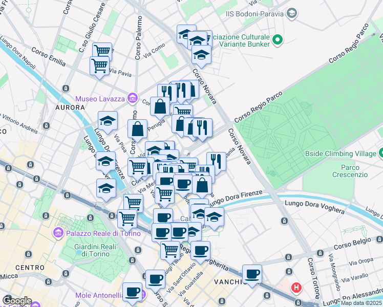map of restaurants, bars, coffee shops, grocery stores, and more near 39 Via Messina in Turin