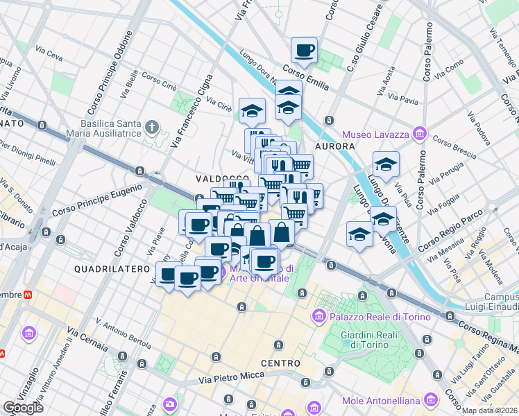 map of restaurants, bars, coffee shops, grocery stores, and more near 13 Piazza della Repubblica in Torino