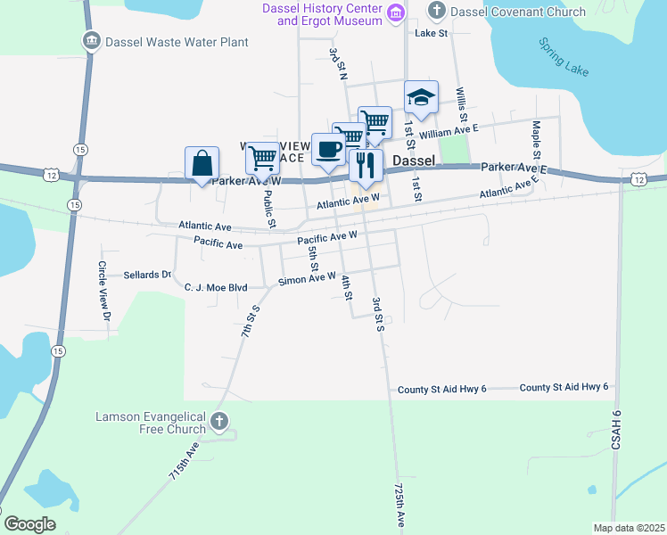 map of restaurants, bars, coffee shops, grocery stores, and more near 415 Simons Avenue West in Dassel
